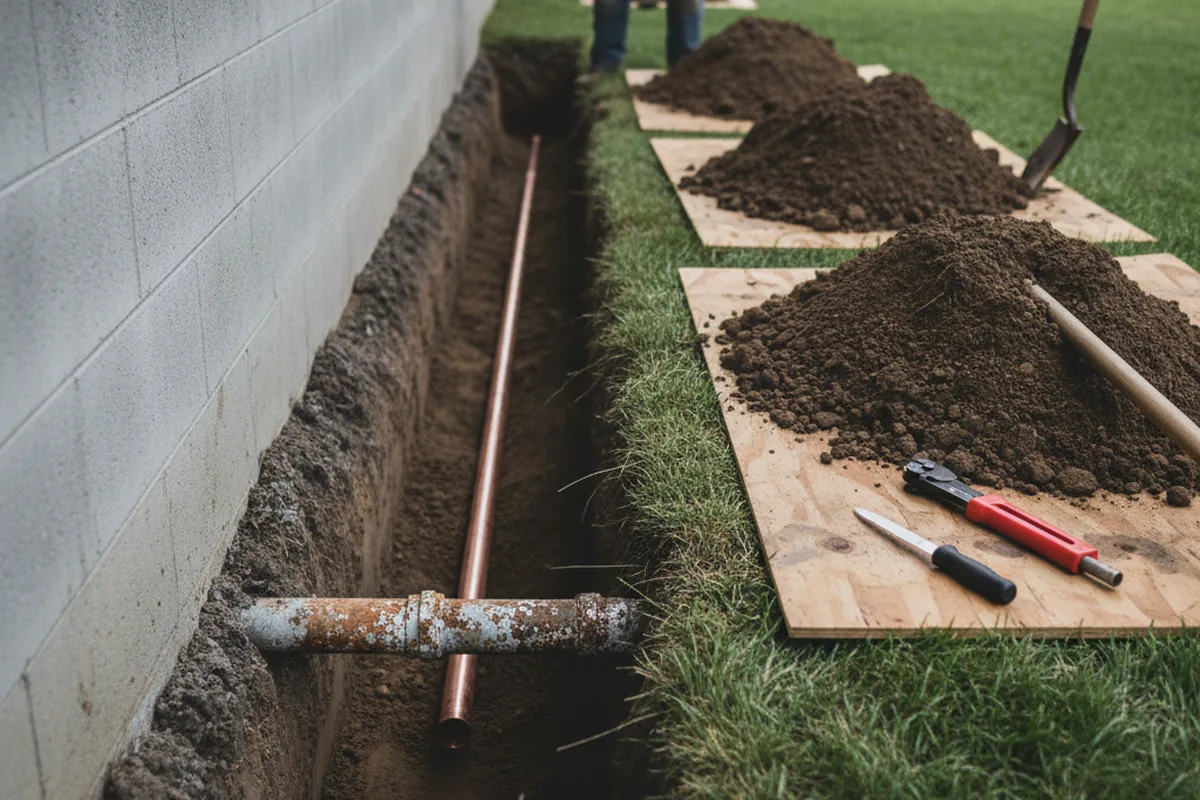 Excavated water line trench during Sewer Line Repair in Echo Lake